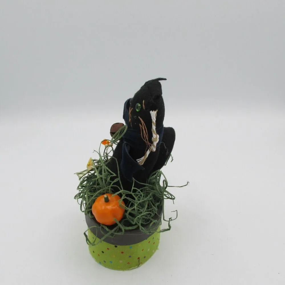 Vtg Style Fabric Halloween Black Cat Trinket Box Signed Artisan Folk Art Fall